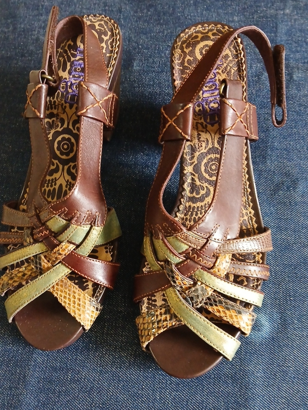 Indigo Brown Leather Strappy Sandals with Green and Tan Accents